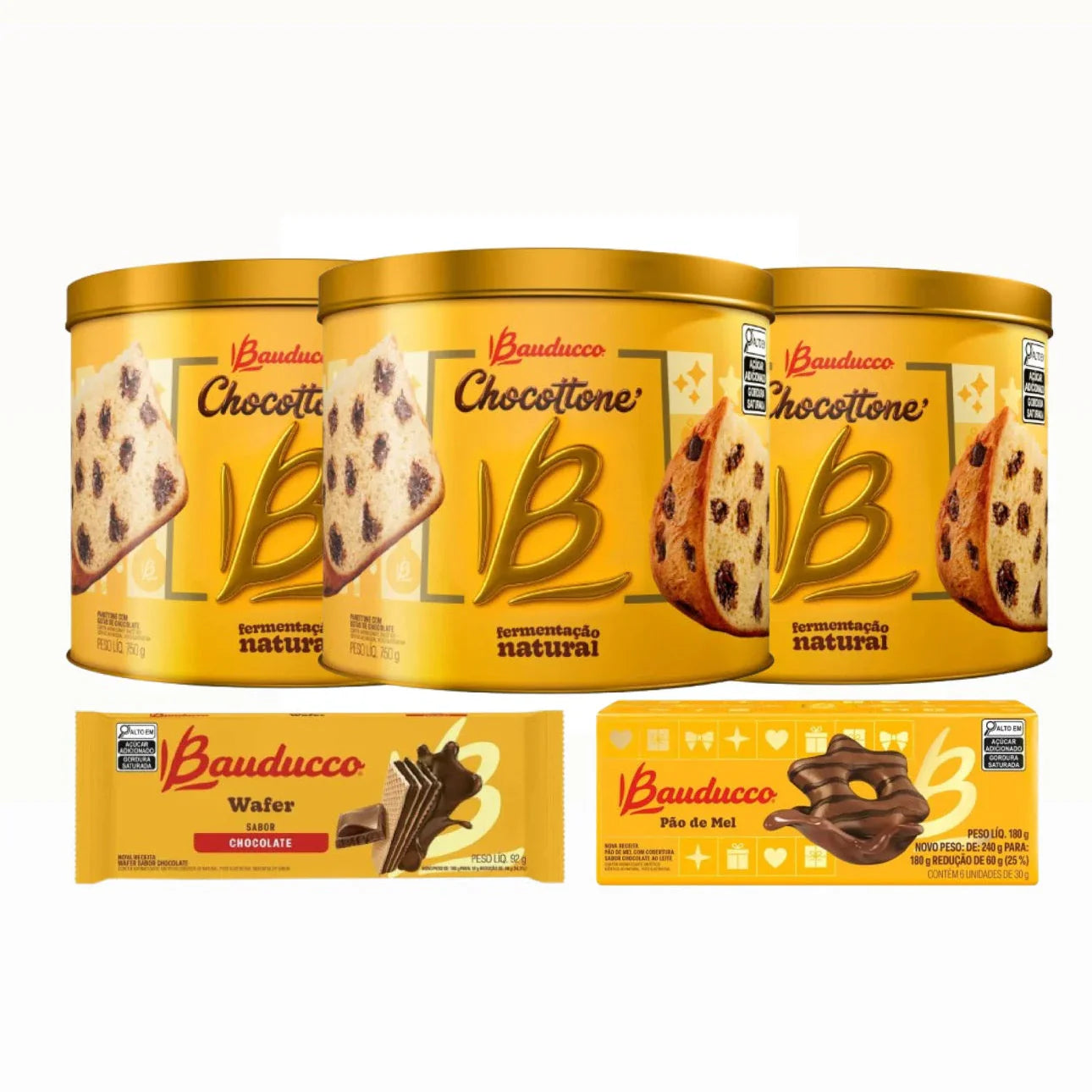 Kit 3 Chocotones 750g Lata + 6 Wafer + 6 Pão de Mel